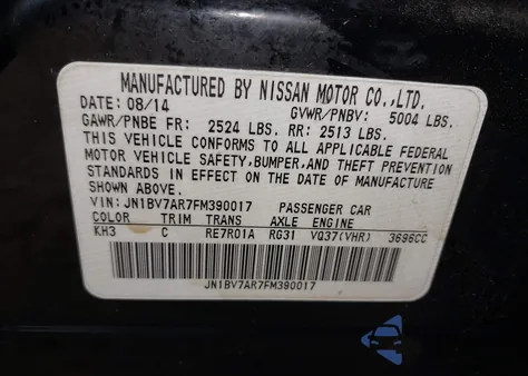 2015 Infiniti Q50 Premium from USA, damaged, VIN JN1BV7AR7FM390017